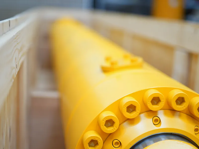Nahaufnahme des Flansches eines gelben Hydraulikzylinders mit Schraubenkranz